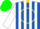 Royal blue, gold circle and gold collar, white stripes on sleeves, green cap