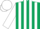 Hunter green, white horse and rider, white stripes on sleeves, white cap