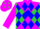 Magenta & lime green diagonal quarters, blue diamond framed s, blue diamonds on magenta slvs