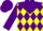 Yellow, purple yoke, purple diamonds and cuffs on sleeves, purple cap