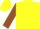Yellow, yellow band on brown sleeves