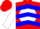 Red, blue 'l' on white ball, blue chevrons on white sleeves