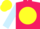 Rose body, yellow disc, light blue arms, yellow cap