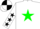 White, green star, black stars on sleeves, black and white quartered cap
