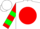 White, green 'jh' on red ball, red and green bars on sleeves, white cap