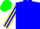 Blue body, yellow arms, blue striped, green cap
