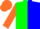 Green and blue halved, orange sleeves, green hoops, orange cap
