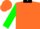 Orange, black collar, green sleeves, black cuffs, orange cap, black button