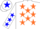 White, orange stars, blue stars on sleeves, white cap, blue star