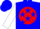 Blue, white 'windy hill farm' on red ball, blue stars on white sleeves, blue cap