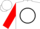 White, red 'km' in black circle on back, red sleeves