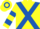 Yellow,royal blue cross belts, royal blue hoops on sleeves and cap