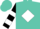Turquoise, black 'd' in black and white diamond frame, black and white bars on sleeves