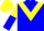 Blue, yellow chevron, yellow and blue halved sleeves, yellow cap, blue peak