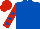 Royal blue, red sleeves, royal blue spots, red cap