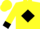 Yellow, black 'j/r' in diamond fame, black cuffs