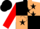 Black and beige quarters, black stars on red sleeves, black cap