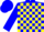 Blue and yellow blocks, blue sleeves, yellow hoops on blue cap