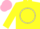 Fluorescent yellow, pink crowned bird emblem on white circle, pink cap