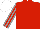 Red, grey striped sleeves, white cap