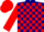 Navy blue, red  check, red sleeves, navy cap