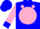 Blue, 'c/h' on pink ball, pink dots, blue cuffs on pink sleeves