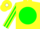 Yellow, orange 'q' on white ball on green ball, green diamond stripe on sleeves