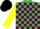 Emerald green and maroon check, yellow sleeves, black cap