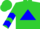 Lime green, blue triangle, blue chevrons on sleeves