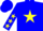 Blue, yellow 'rock star' & star on back, yellow stars on sleeves