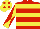 Red, yellow hoops, yellow and red diabolo on sleeves, yellow cap, red spots
