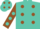 Turquoise, brown diagonal spots, brown sleeves, turquoise spots,turquoise cap, brown spots
