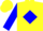 Yellow, blue diamond, blue sleeves, yellow cap
