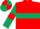Red, dark green hoop, dark green sleeves, red armlets, quartered cap