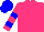 Hot pink, two blue hoops on sleeves, blue cap