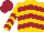 Gold, maroon chevrons, maroon chevrons on sleeves, maroon cap