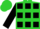 Lime green, black 'mkb',  black squares on sleeves, lime green cap