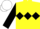 Yellow, black diamond hoop, black sleeves, white cap