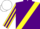 Purple, yellow sash, yellow & purple striped sleeves, white cap