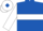 Royal blue, white hoop, white sleeves, royal blue armlet, white cap, royal blue diamond