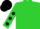 Lime green, black four leaf clover, black spots on sleeves, black cap