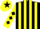 Black and yellow stripes, yellow sleeves, black diamonds, yellow cap, black star