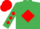 Emerald green, red diamond, diamonds on sleeves, red cap