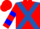 Crimson, royal blue cross sashes, two blue hoops on sleeves, crimson cap