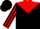 Black, yellow horseshoe, red 'jwo' and yoke, red stripe on sleeves, black cap