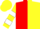 Red and yellow halved vertically, red, yellow and white hooped sleeves, yellow cap