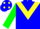 blue, yellow chevron, green sleeves, blue cap with yellow spots