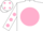White, pink ball, pink dots on sleeves, white cap, pink dots