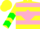 Yellow, green 'l' in pink diamond frame, green and pink hoops, pink and green chevrons on sleeves, yellow cap