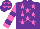 Purple body, rose stars, rose arms, purple hooped, purple cap, rose stars